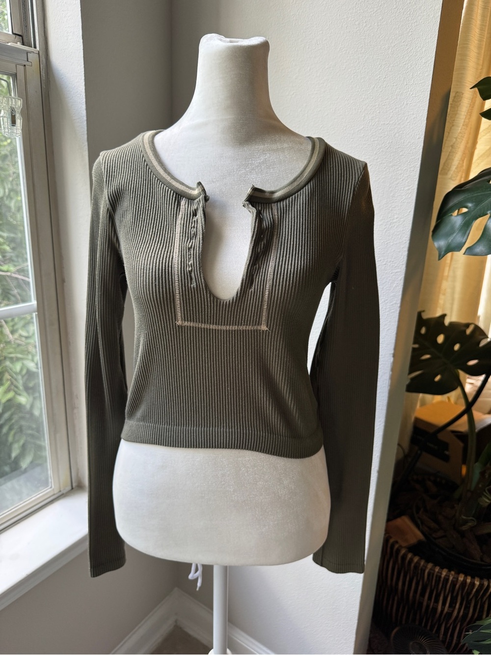 Altar'd State Ribbed Olive Green Long-Sleeve Henley Top